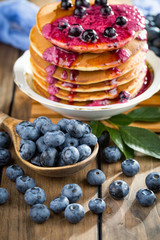 Blueberries with pancakes. Dessert breakfast. 