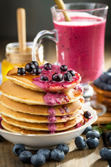 Blueberries with pancakes. Dessert breakfast. 