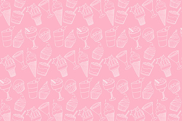 Desserts  lineart doodle seamless pattern isolated on pink  background
