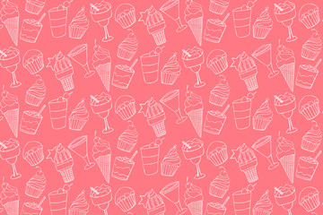 Desserts  lineart doodle seamless pattern isolated on pink  background
