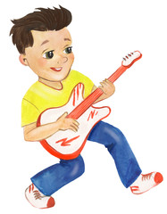 Watercolor illustration of a boy playing the electric guitar. Guitarist, cartoon, musician.
