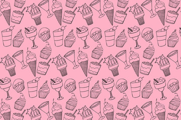 Desserts  lineart doodle seamless pattern isolated on pink  background