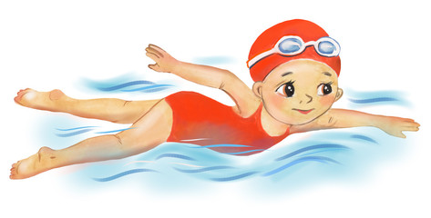 Watercolor illustration of a swimming girl in a red swimsuit. Sports, health, swimmer, swimming