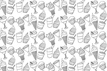 Fototapeta na wymiar Desserts lineart doodle seamless pattern isolated on white background