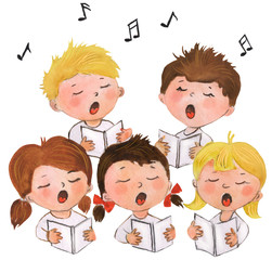 Watercolor illustration of singing children. Children's choir. Chorus. Singing.