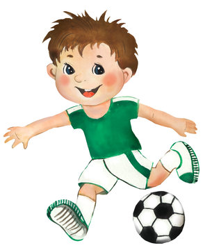 Watercolor illustration of a boy playing soccer. Soccer ball, soccer player, game.