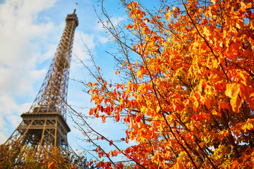 Scenic view of the Eiffel tower and Champ de Mars park on a fall day