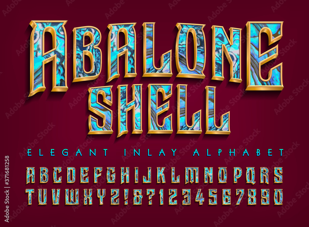 Poster abalone shell inlay effect alphabet. an elegant and ornate font with gold edges and abalone rainbow 