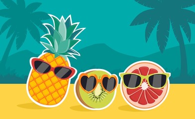 Tropical fruits, pineapple, kiwi and red orange (sanguinea) wearing glasses on the beach with palm trees in the background.