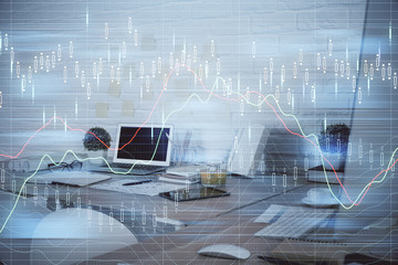 Multi exposure of stock market chart drawing and office interior background. Concept of financial analysis.