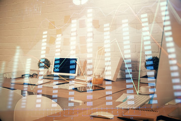 Multi exposure of stock market chart drawing and office interior background. Concept of financial analysis.