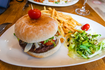 Handmade Cheese Burger with Chips and Salad