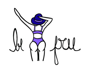 be free cursive handwritten message sign, woman from the back wearing swimsuit, freedom concept, text isolated on white background, line art vector illustration