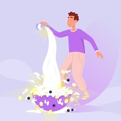 Man pouring milk into a large plate. Vector flat color illustration