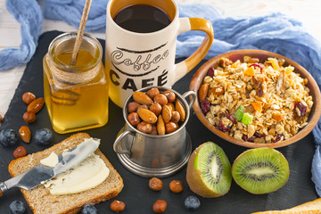 Healthy breakfast on an old background