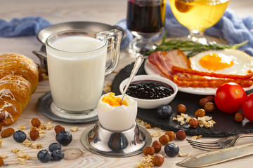 Breakfast natural healthy food, dessert, drinks, fruits, on an old background with kitchen...