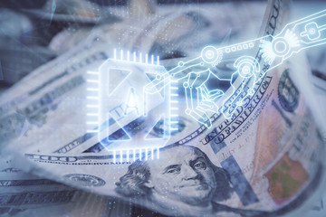 Double exposure of data theme drawing over us dollars bill background. Technology concept.