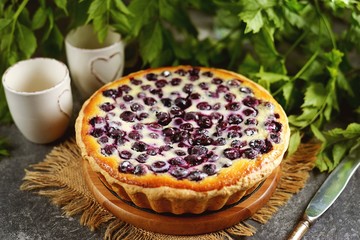 Tasty Pie with sour cream and blueberries. Homemade baking.