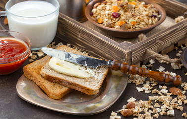 Healthy breakfast on an old background