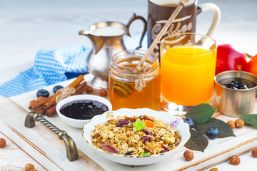 Breakfast natural healthy food, dessert, drinks, fruits, on an old background with kitchen...