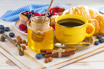 Healthy breakfast on an old background. The concept of tasty and healthy food.