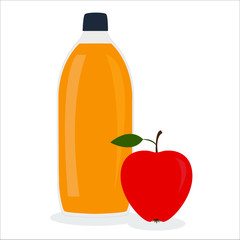 Bottle of apple cider vinegar and red apple near it. Vector flat cartoon illustration.