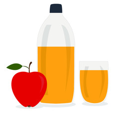 Bottle of apple cider vinegar, glass with drink and red apple. Vector flat cartoon illustration.