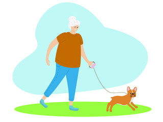 Smiling senior woman walking with french bulldog outdoor. Happy old lady with her favorite pet. Healthy lifestyle and active pastime for elderly people. Vector flat cartoon illustration.