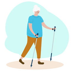 Senior woman nordic walking. Old lady doing exercises. Outdoor activities and healthy lifestyle for eldery people. Vector flat cartoon illustration.