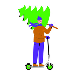 Happy smiling man carrying Christmas tree and riding on electric scooter. Preparing for Christmas and New year holidays. Vector illustration