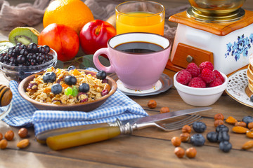 Healthy breakfast on an old background. The concept of tasty and healthy food.