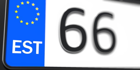 Close-up details of a vehicle registration plate of Estonia, part of the set. 3D rendering