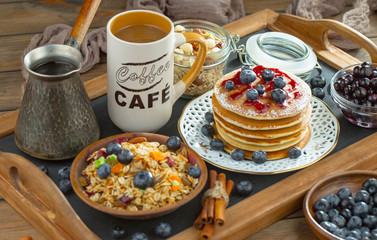 Healthy breakfast on an old background