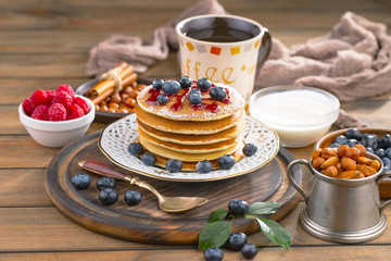 Healthy breakfast on an old background. The concept of tasty and healthy food.