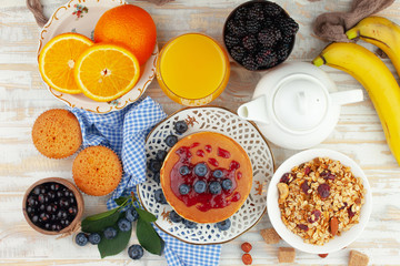 Healthy breakfast on an old background. The concept of tasty and healthy food.