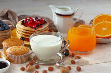 Healthy breakfast on an old background. The concept of tasty and healthy food.