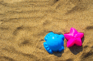 Fototapeta na wymiar Children's molds lie on the sand.