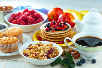 Healthy breakfast on an old background. The concept of tasty and healthy food.