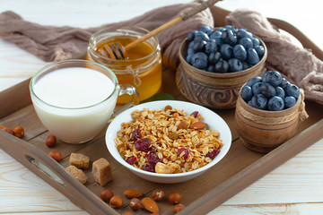 Healthy breakfast on an old background. The concept of tasty and healthy food.