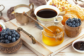 Healthy breakfast on an old background. The concept of tasty and healthy food.