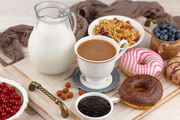 Healthy breakfast on an old background. The concept of tasty and healthy food.