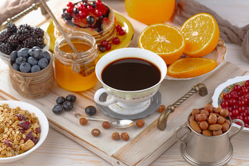 Healthy breakfast on an old background. The concept of tasty and healthy food.