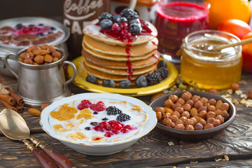 Healthy breakfast on an old background