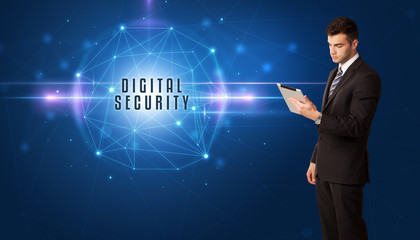 Businessman thinking about security solutions with DIGITAL SECURITY inscription