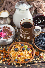 Healthy breakfast on an old background. The concept of tasty and healthy food.