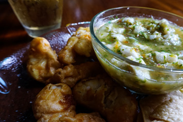 Ceviche and Patacones with Tempura Fish
