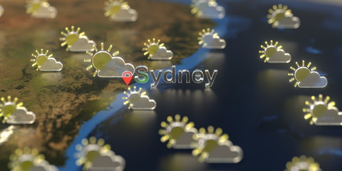 Sydney city and partly cloudy weather icon on the map, weather forecast related 3D rendering