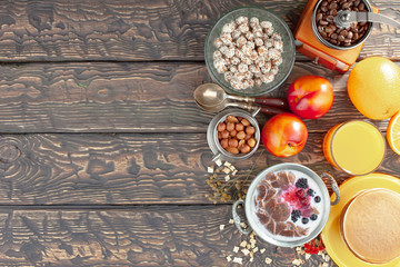 Healthy breakfast on an old background. The concept of tasty and healthy food.