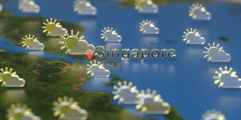 Fototapeta na wymiar Singapore city and partly cloudy weather icon on the map, weather forecast related 3D rendering
