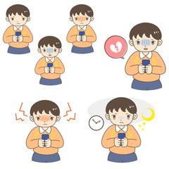 スマートフォン使用時のSNS疲れ・ストレスを感じる男の子のポーズセット